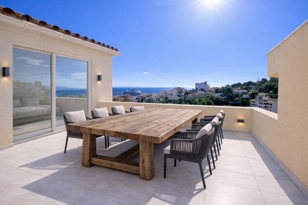Réf. 2077 ; Spectaculaire penthouse avec terrasse privée de 150 m², piscine et vue sur la mer à Palma El Terreno à vendre